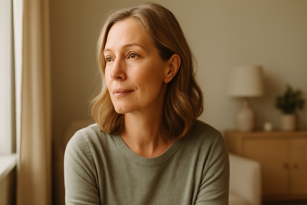 Middle aged woman sitting by a window looking thoughtful about perimenopause and menopause symptoms.